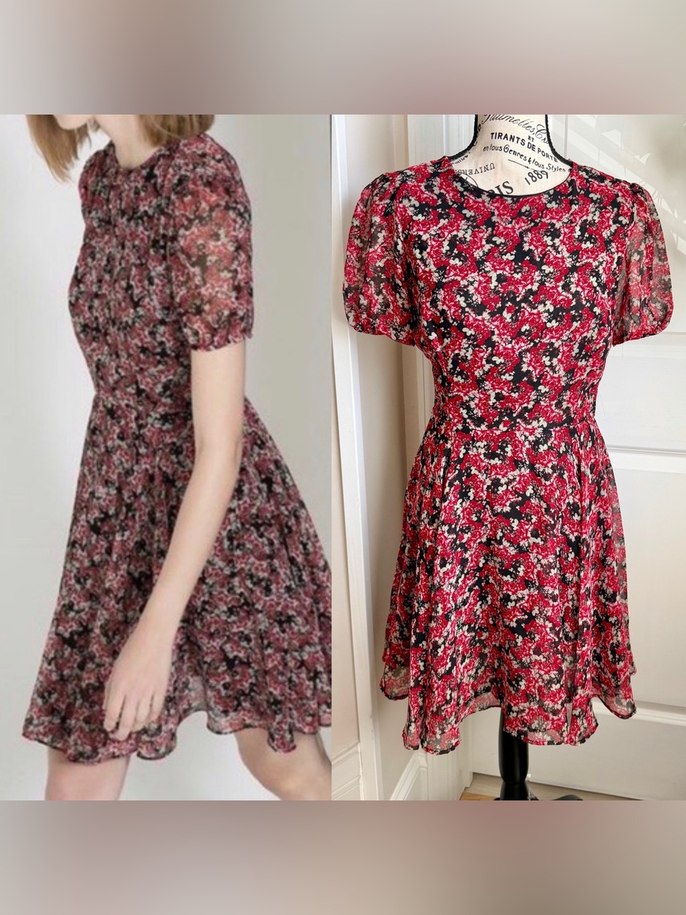 Zara Trafaluc Floral Chiffon Puff Sleeve Fit & Flare Dress Red Sz L